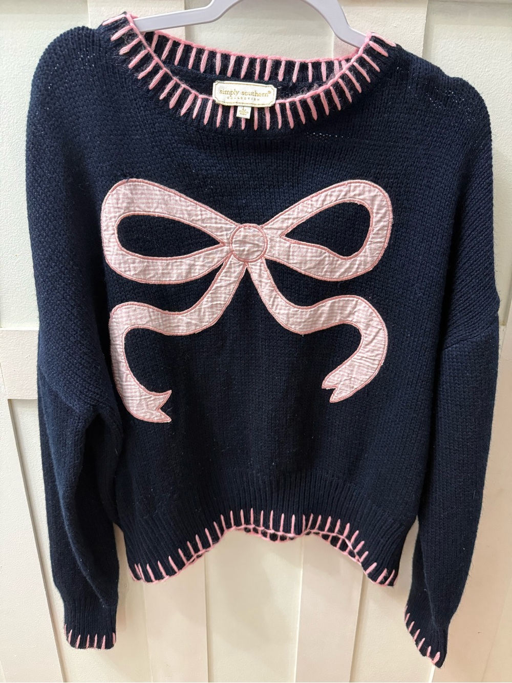 Simply Southern Navy Sweater with Pink Bow Appliqué